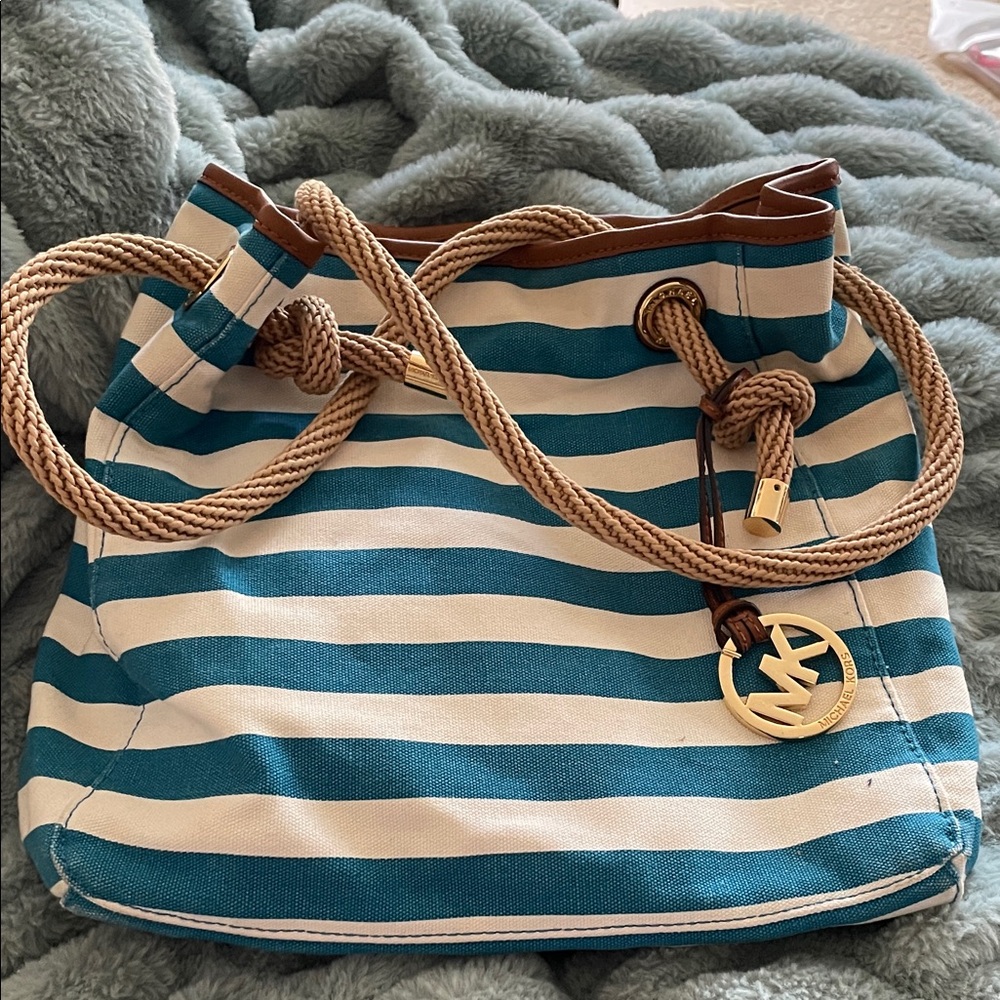 Michael Kors Teal and Cream Striped Shoulder Bag